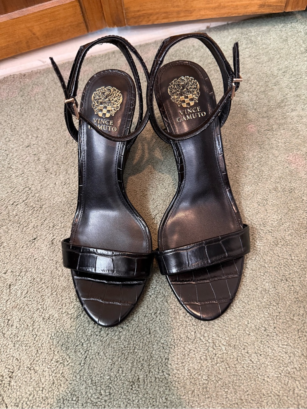 Vince Camuto Black Croc-Embossed Ankle Strap Sandals, BRAND NEW
